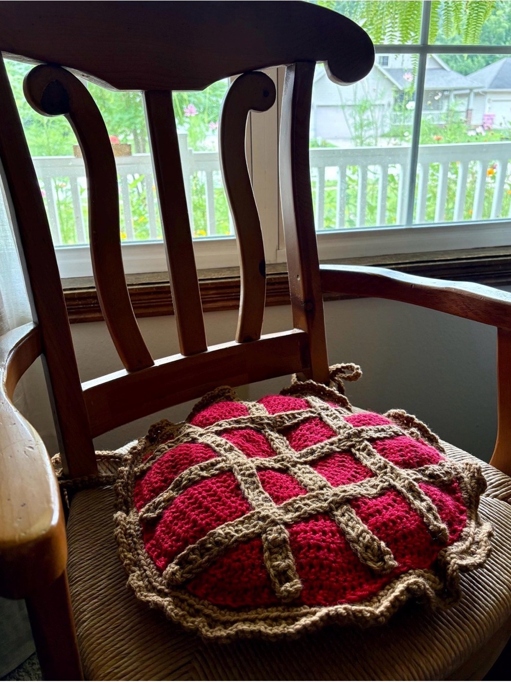 Handmade Red Cherry Pie Crochet Cushion with Brown Lattice and chair ties
